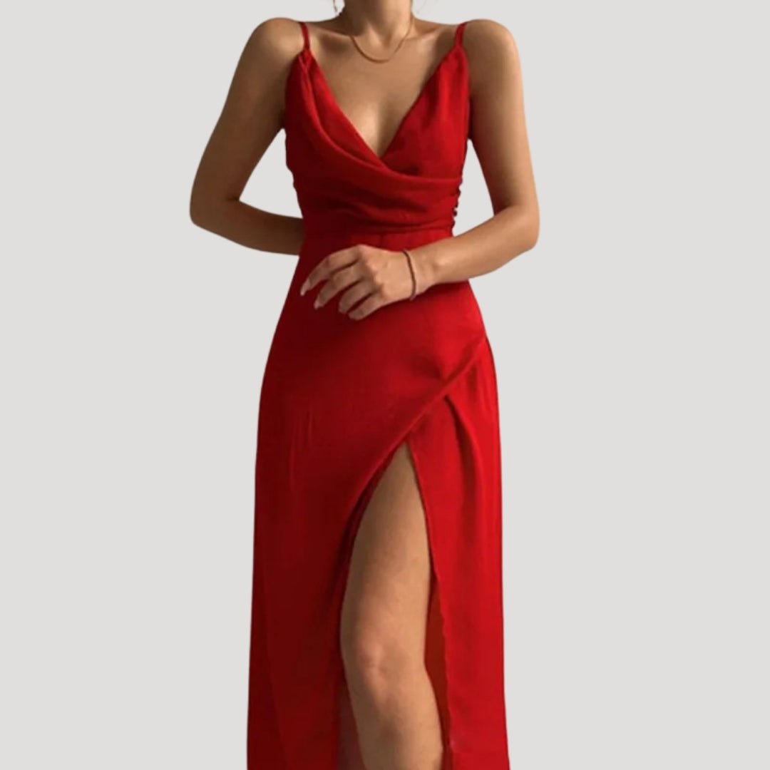 Women's Cowl Neck Maxi Dress - High Slit for Occasions