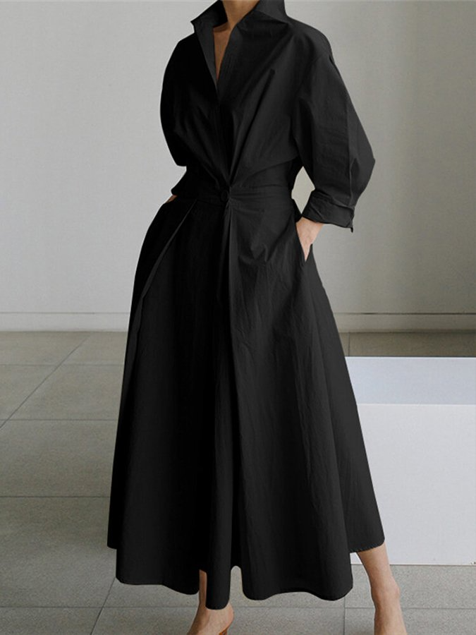 Women's Shirt Maxi Dress - Collared A Line with Belt