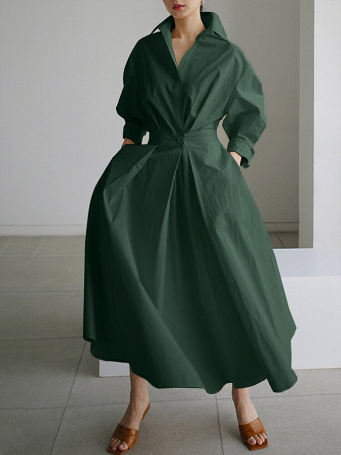 Women's Shirt Maxi Dress - Collared A Line with Belt