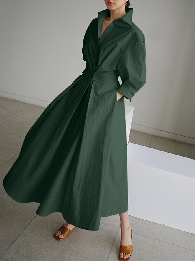 Women's Shirt Maxi Dress - Collared A Line with Belt