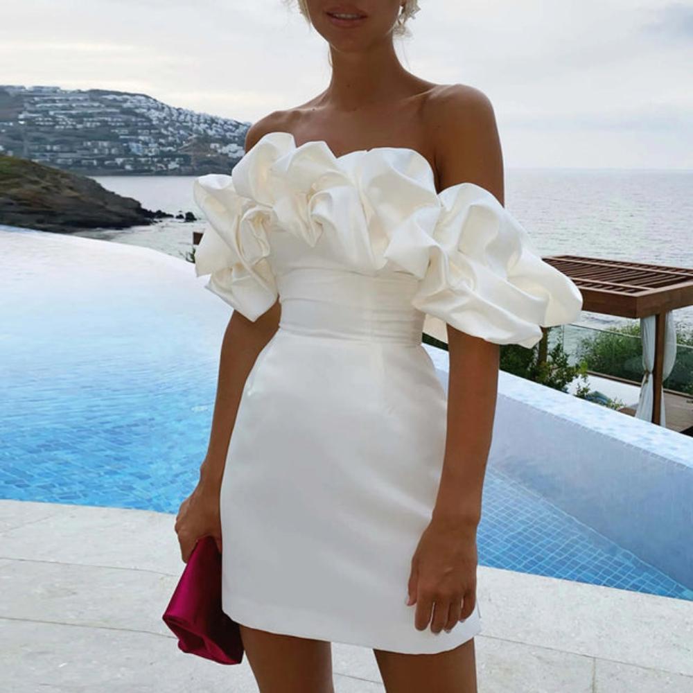 Women's Off Shoulder Mini Dress - Ruffle Detail for Wedding Guest