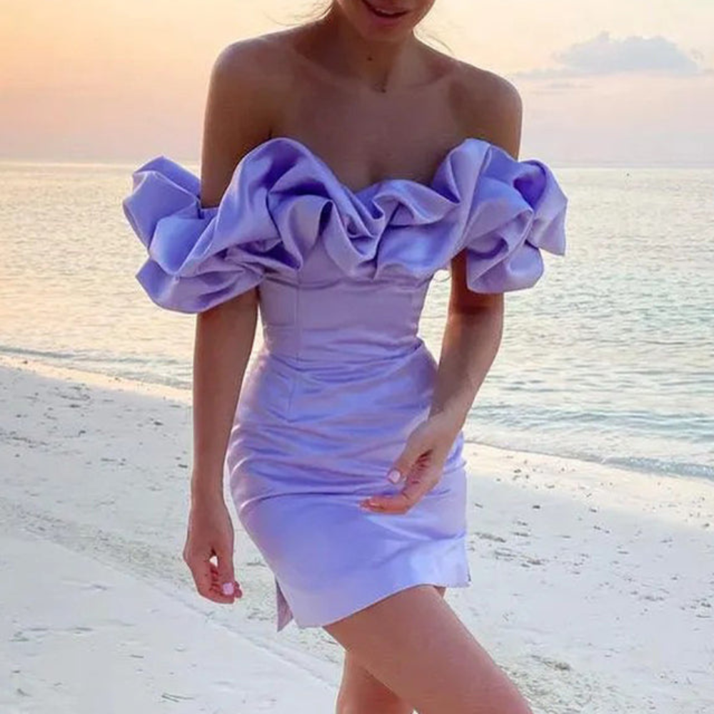 Women's Off Shoulder Mini Dress - Ruffle Detail for Wedding Guest