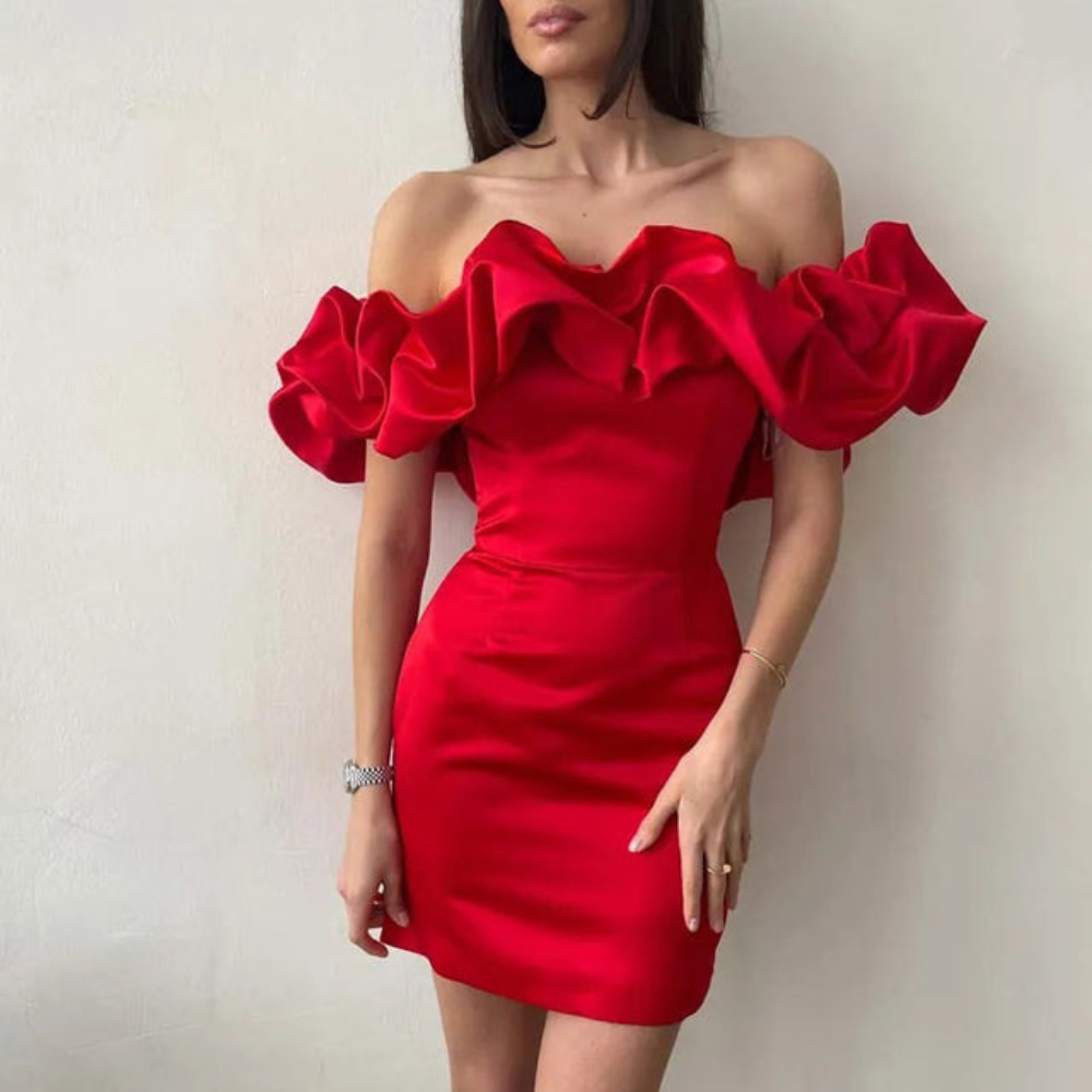Women's Off Shoulder Mini Dress - Ruffle Detail for Wedding Guest