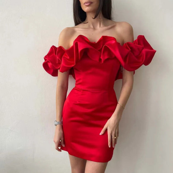 Women's Off Shoulder Mini Dress - Ruffle Detail for Wedding Guest
