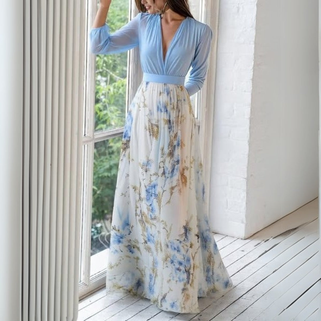 Women's Floral Maxi Dress - Long Sleeve with Contrast Bodice