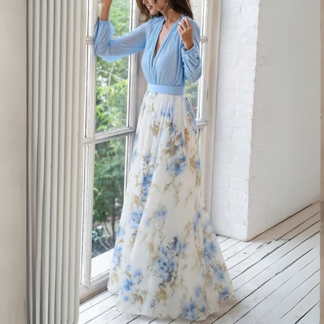 Women's Floral Maxi Dress - Long Sleeve with Contrast Bodice