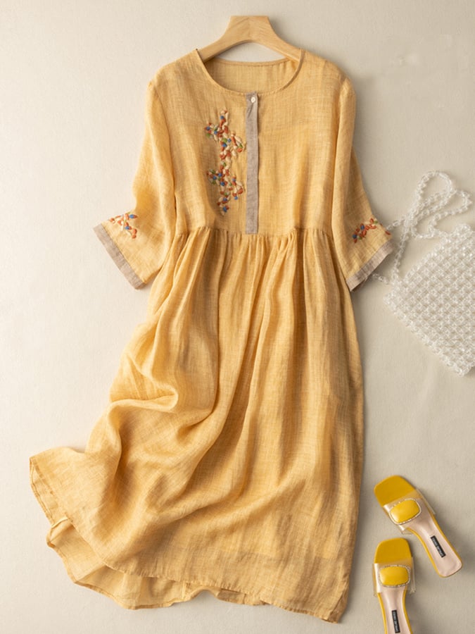 Women's Embroidered Boho Midi Dress - Casual Summer Sundress