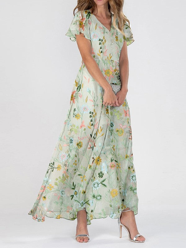 Women's Floral V Neck Maxi Dress - Casual Summer Sundress