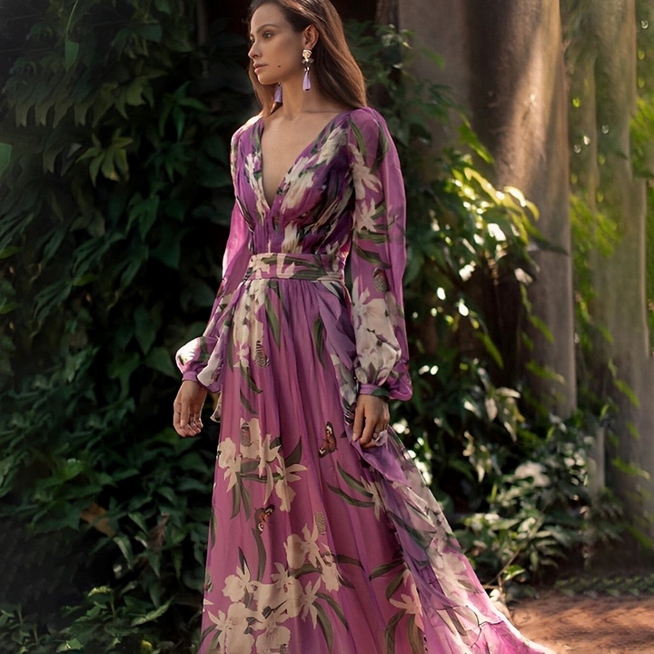 Women's Floral Maxi Dress - V Neck with Long Sleeve for Evening