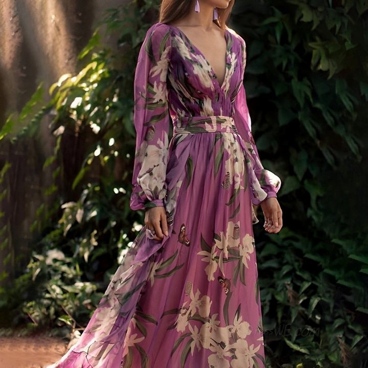 Women's Floral Maxi Dress - V Neck with Long Sleeve for Evening