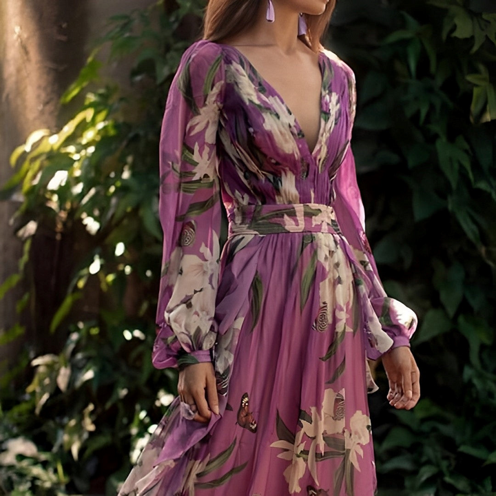 Women's Floral Maxi Dress - V Neck with Long Sleeve for Evening