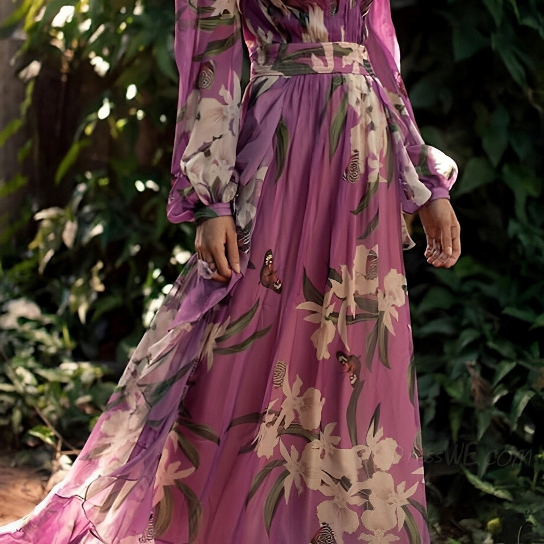 Women's Floral Maxi Dress - V Neck with Long Sleeve for Evening