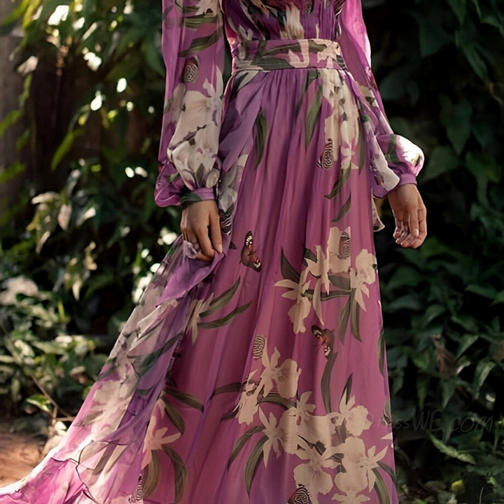 Women's Floral Maxi Dress - V Neck with Long Sleeve for Evening