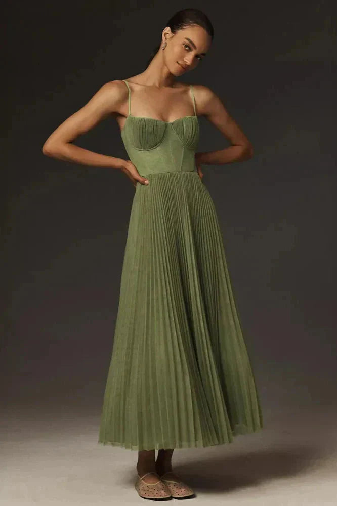 Women's Pleated Maxi Dress - Strappy A Line for Evening