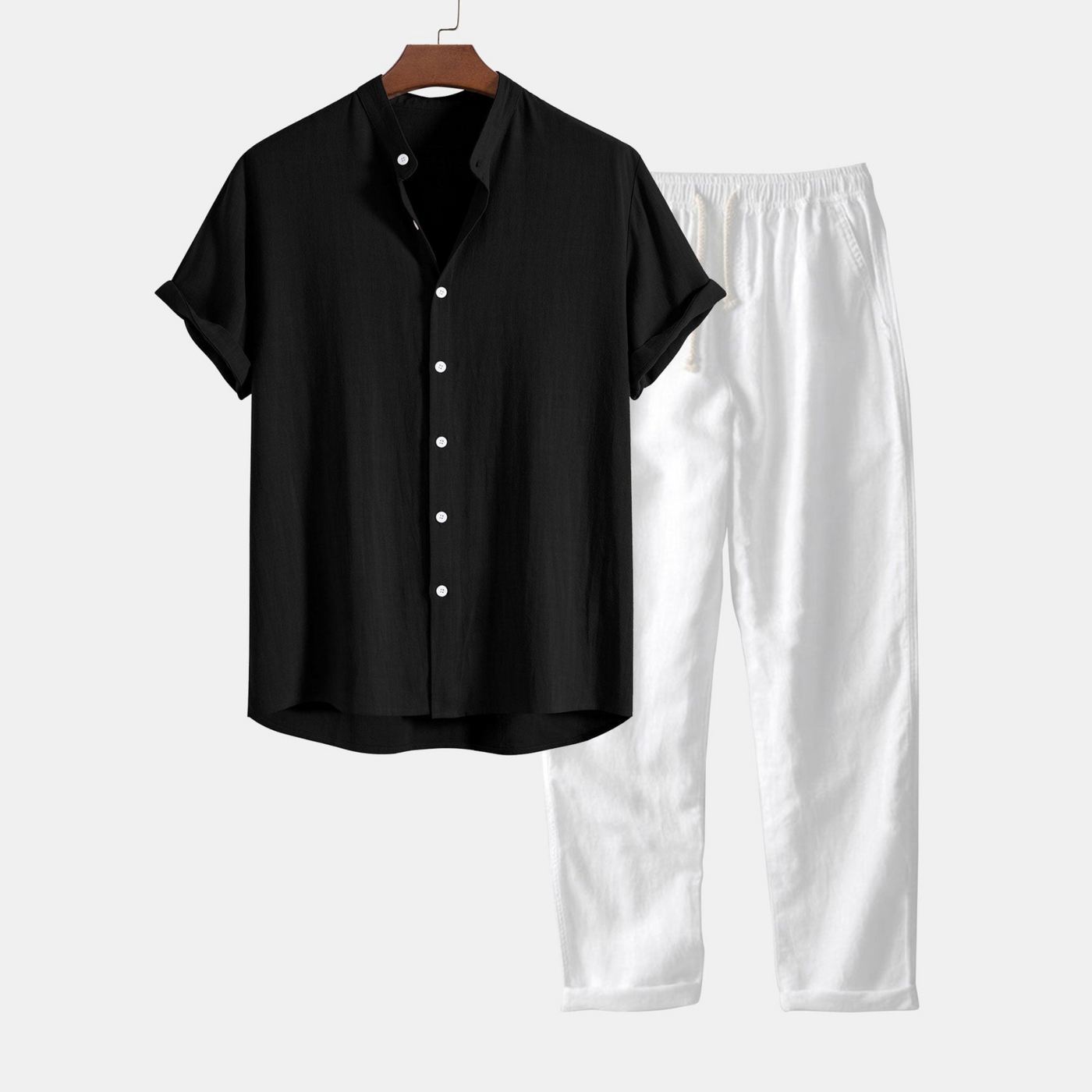 Crumpled Cotton Shirt with Half-Open Button Placket and Henley Collar, paired with Straight-Leg Linen Trousers.