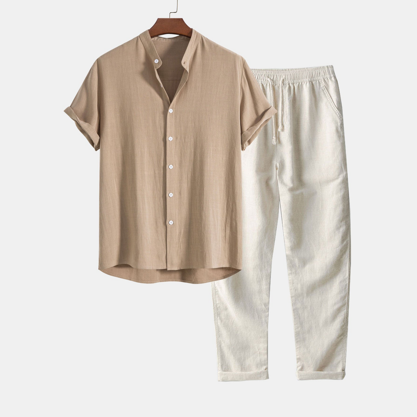 Crumpled Cotton Shirt with Half-Open Button Placket and Henley Collar, paired with Straight-Leg Linen Trousers.