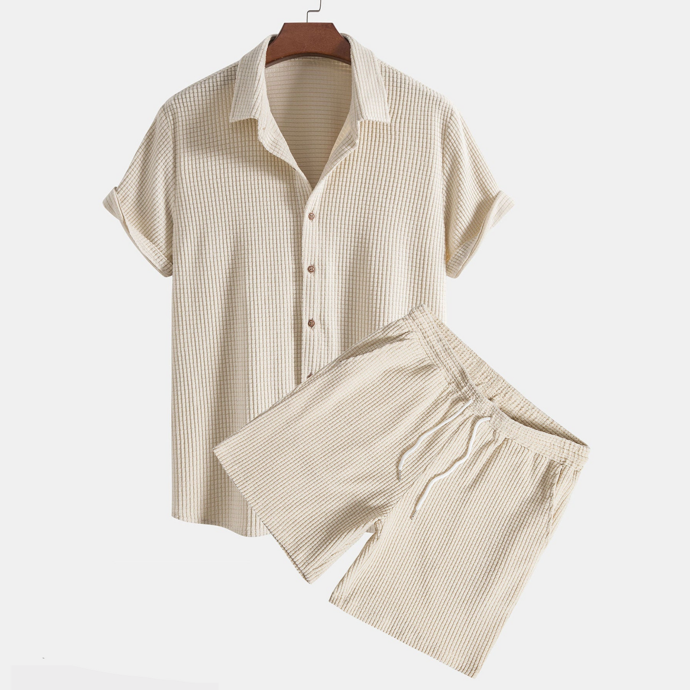Buttoned Shirt and Shorts with Waffle Pattern