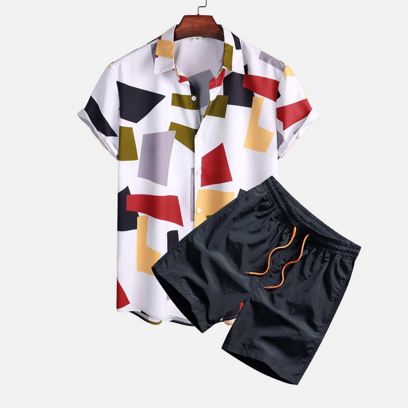 Buttoned Shirt and Swim Shorts with Geometric Color Block Print