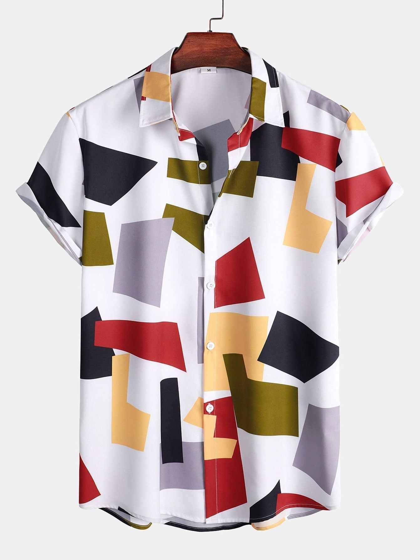 Buttoned Shirt and Swim Shorts with Geometric Color Block Print