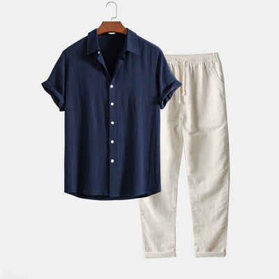 Shirt with Linen-Rayon Blend Button and Straight-Leg Linen Pants