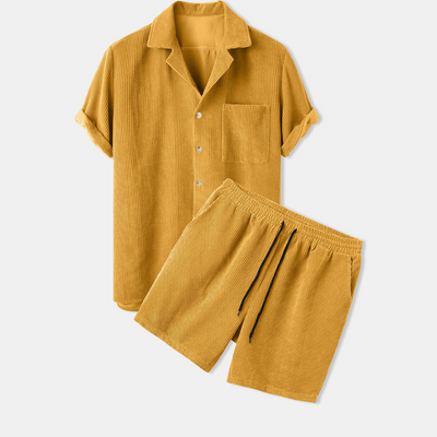 Short-Sleeve Corduroy Shirt With Revere Collar and 5-Inch Corduroy Shorts