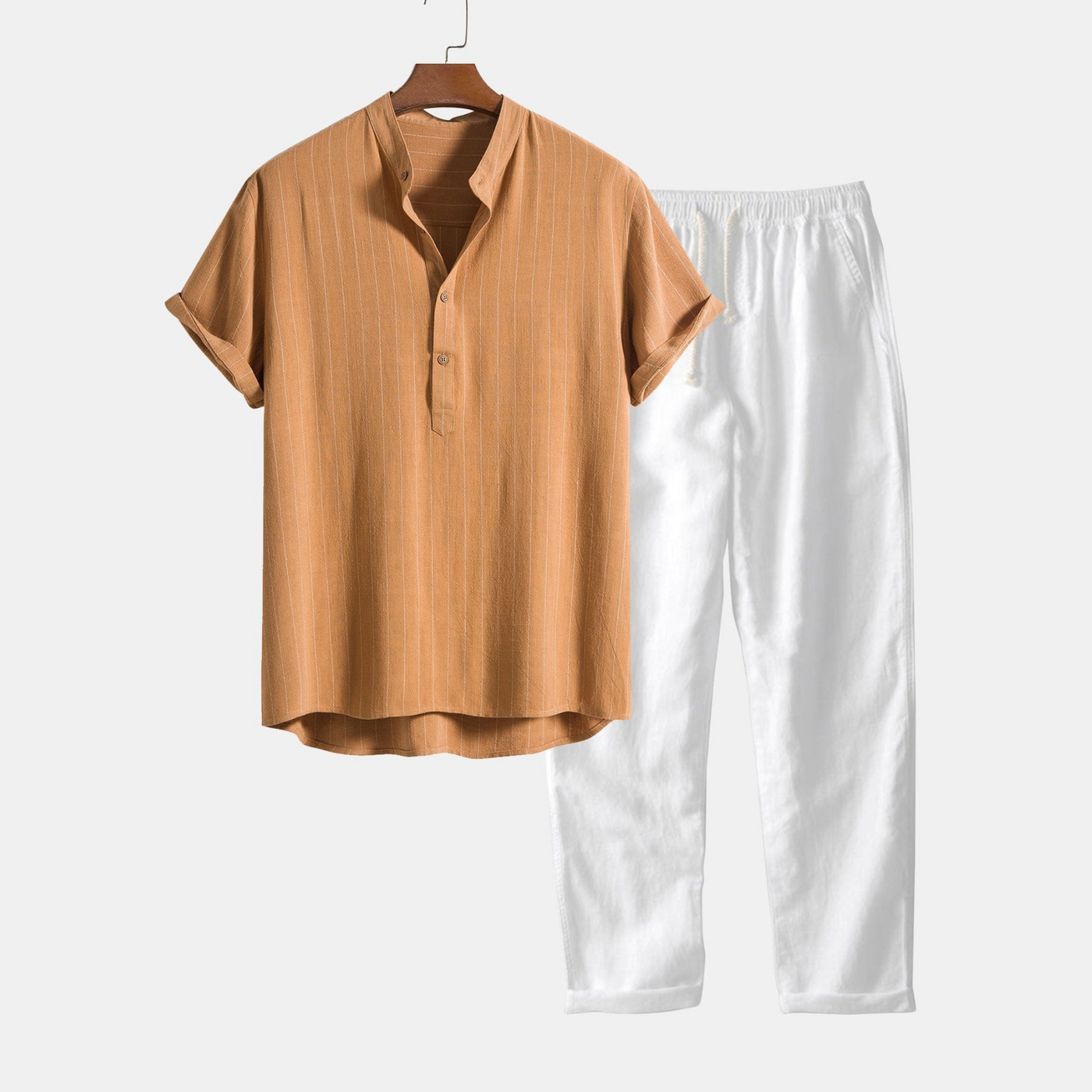 Linen Blend Shirt with Henley Collar and Linen Pants
