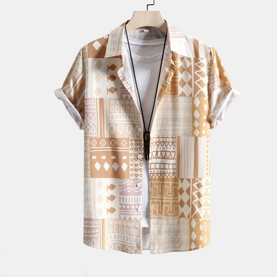 Shirt with Tribal Pattern Buttons and Geometric Patchwork Print