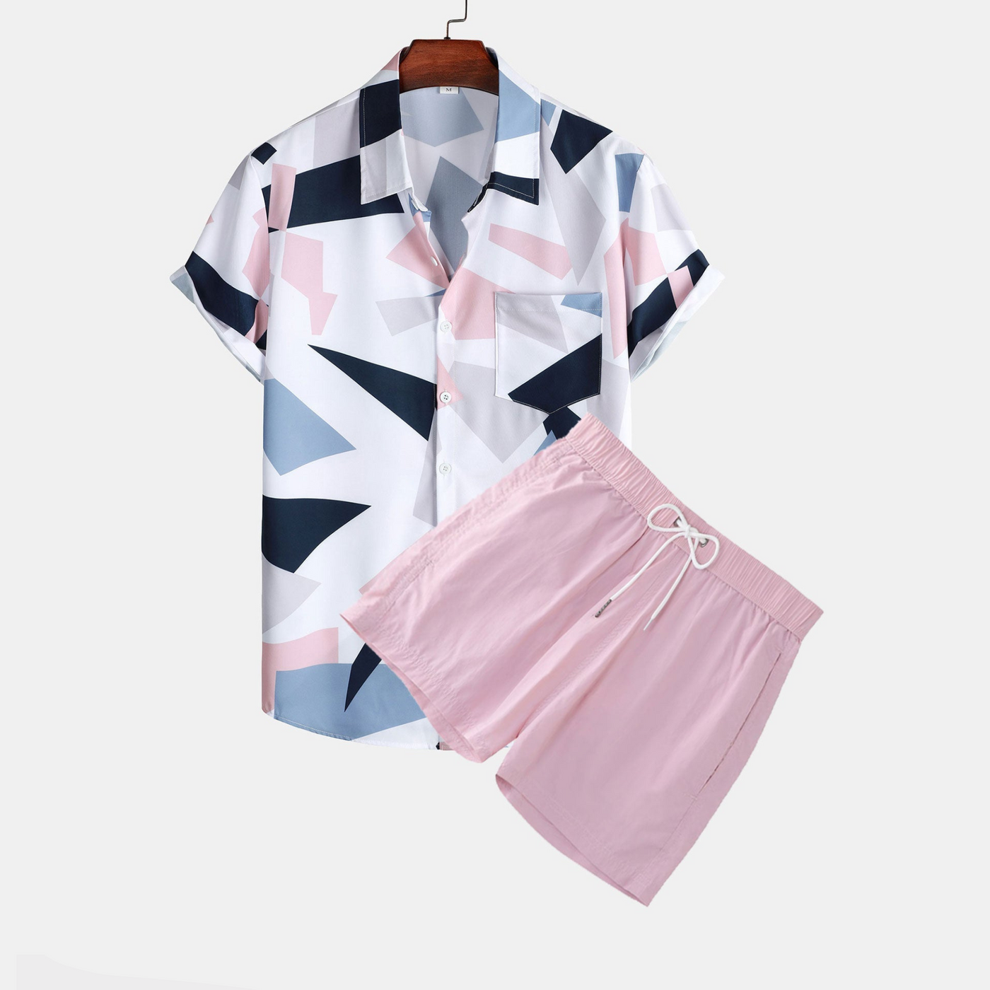 Buttoned Shirt with Geometric Print, Pocket, and Short Swim Shorts