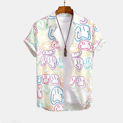Shirt with Button Placket and Colorful Smiley Print