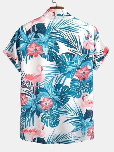 Buttoned Shirt with Tropical Flamingo Print and Short Swim Shorts