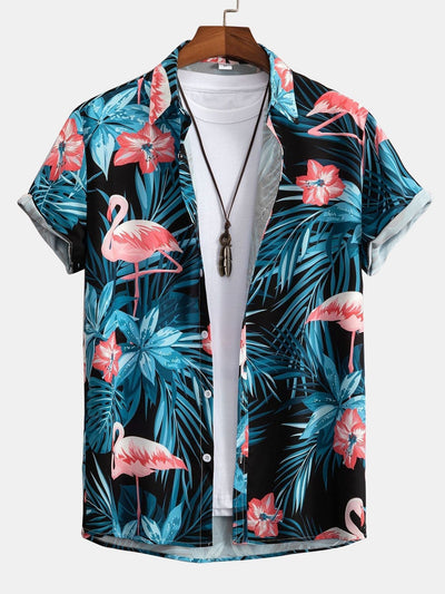 Buttoned Shirt with Tropical Flamingo Print and Short Swim Shorts