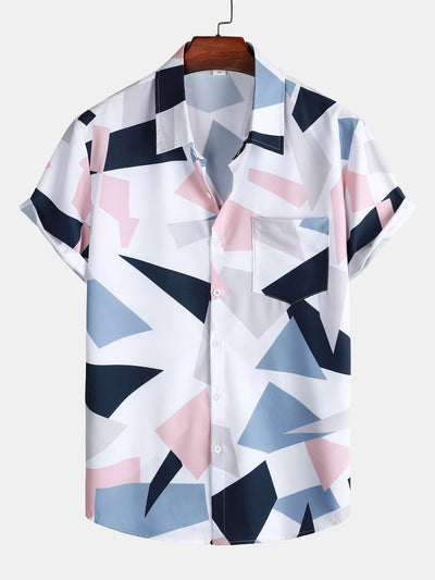 Buttoned Shirt with Geometric Print, Pocket, and Short Swim Shorts