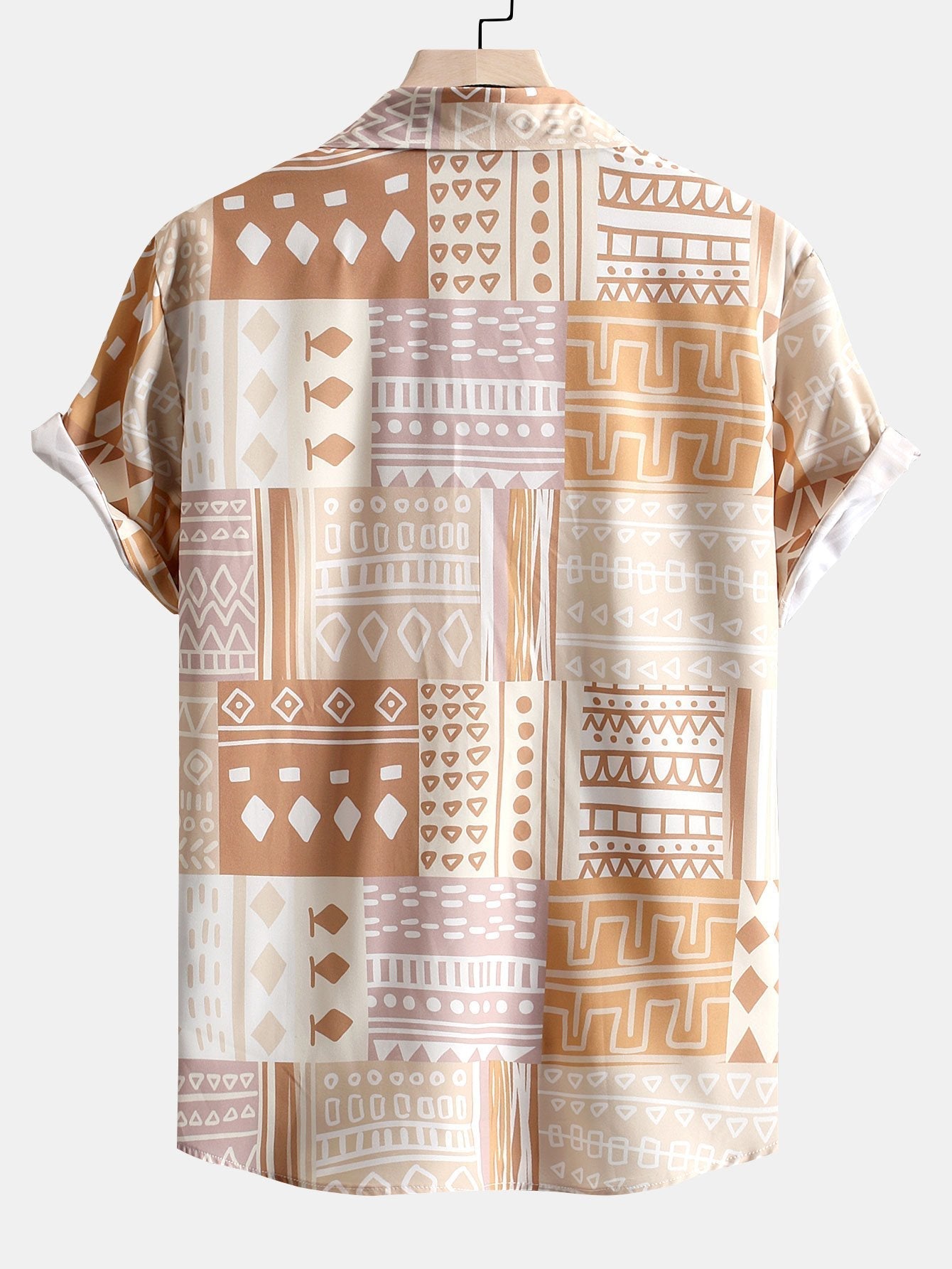 Shirt with Tribal Pattern Buttons and Geometric Patchwork Print